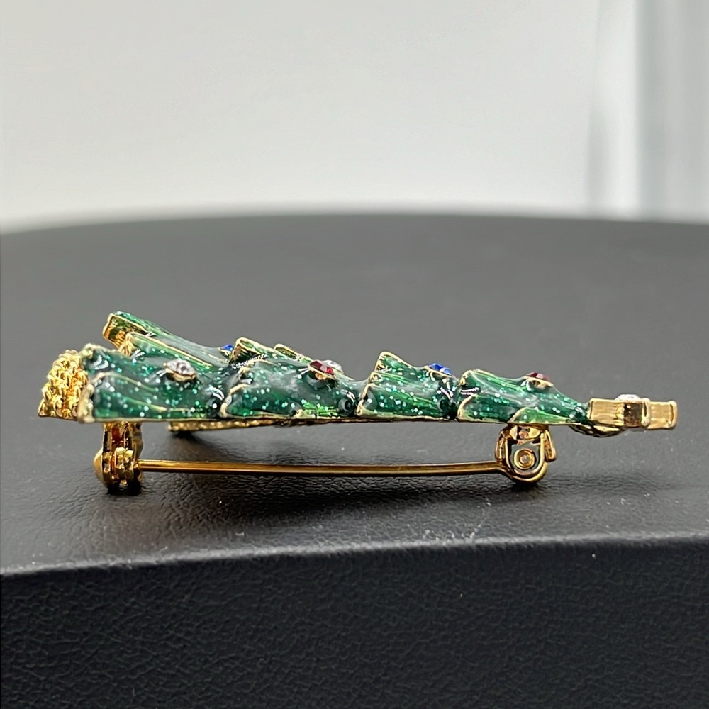 Vintage Eisenberg ice rhinestone green enamel gold tone Christmas tree brooch - Picture 4 of 10
